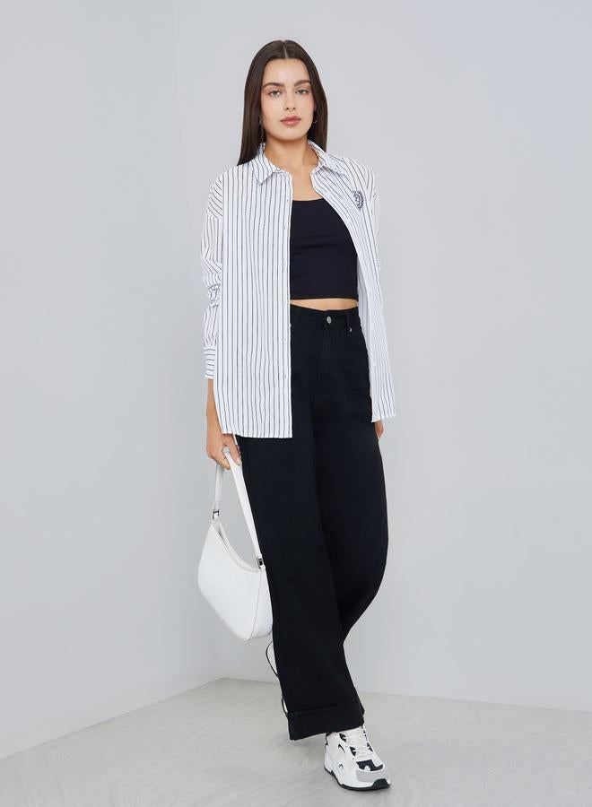 Styli Women Striped Embroidered Oversized Shirt - Image 1